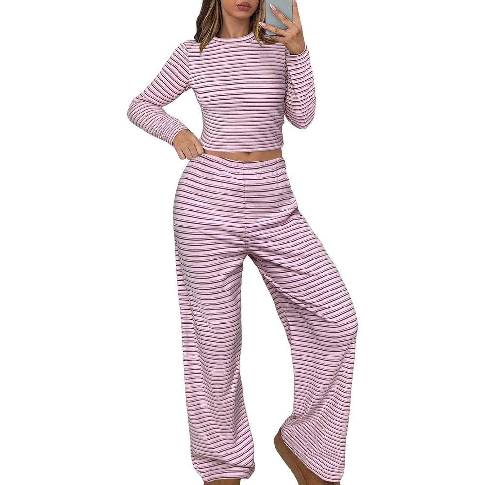 image:imageZAFUL Womens 2 Piece Striped Lounge Sets Casual Pajamas Wide Leg PantsPink