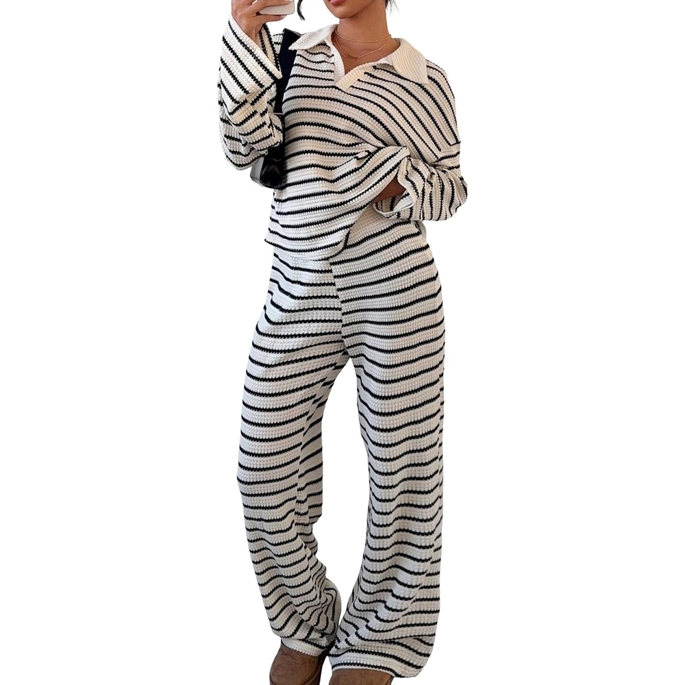 image:imageZAFUL Womens 2 Piece Striped Lounge Sets Casual Pajamas Wide Leg PantsWhite