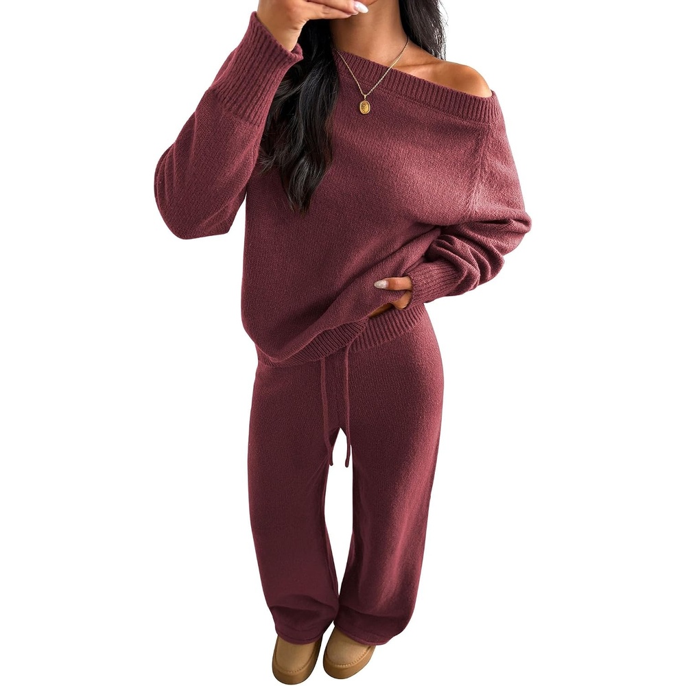 image:imageZAFUL Womens Cable Knit Sweater Set Pullover Knit Sweater Wide Leg Pants2burgundy
