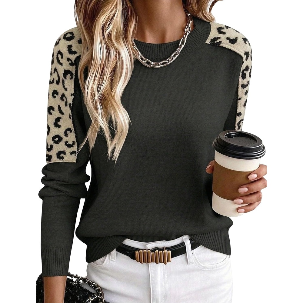 image:imageZAFUL Womens Crew Neck Sweater Leopard Patchwork Long Sleeve Knit Pullover2black