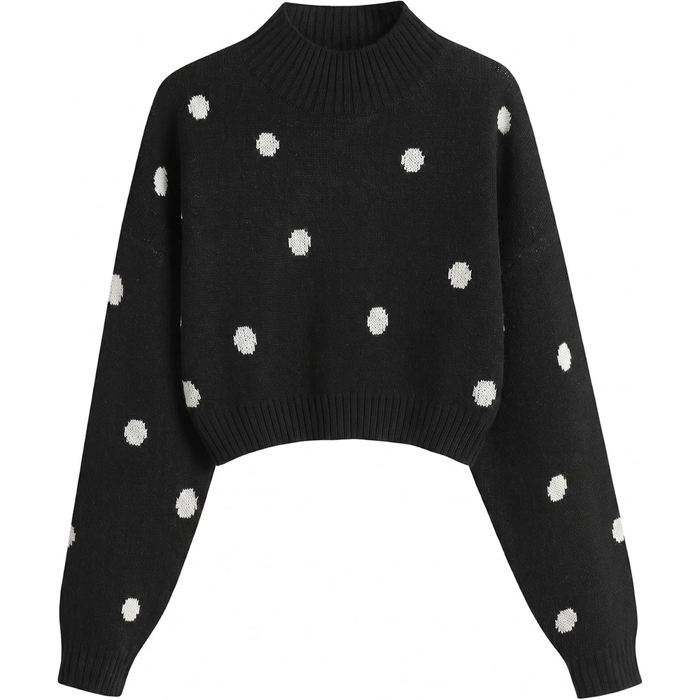 image:imageZAFUL Womens Cropped Turtleneck Sweater Lantern Sleeve Ribbed Knit Pullover Sweater Jumper1black Polka Dot