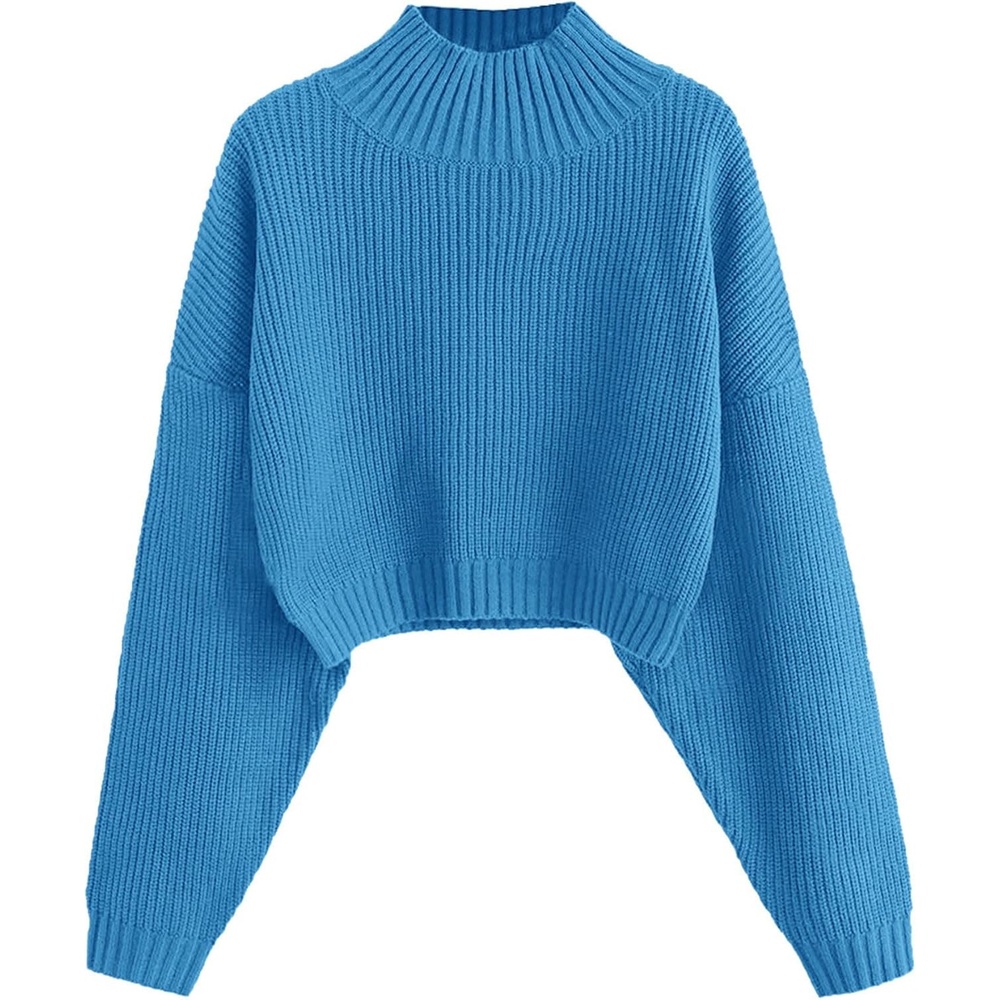 image:imageZAFUL Womens Cropped Turtleneck Sweater Lantern Sleeve Ribbed Knit Pullover Sweater Jumper1bright Blue