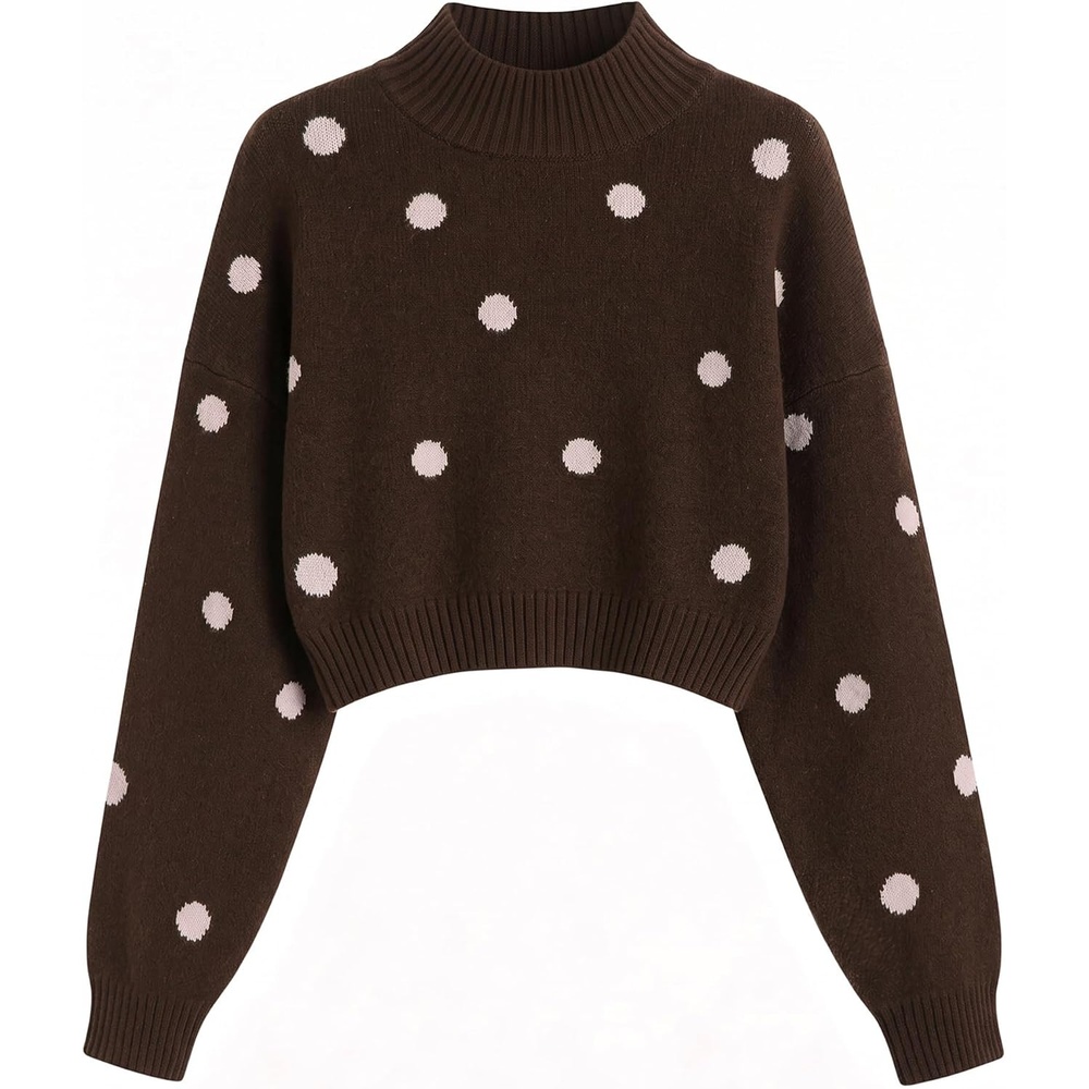 image:imageZAFUL Womens Cropped Turtleneck Sweater Lantern Sleeve Ribbed Knit Pullover Sweater Jumper1brown Pink Dot