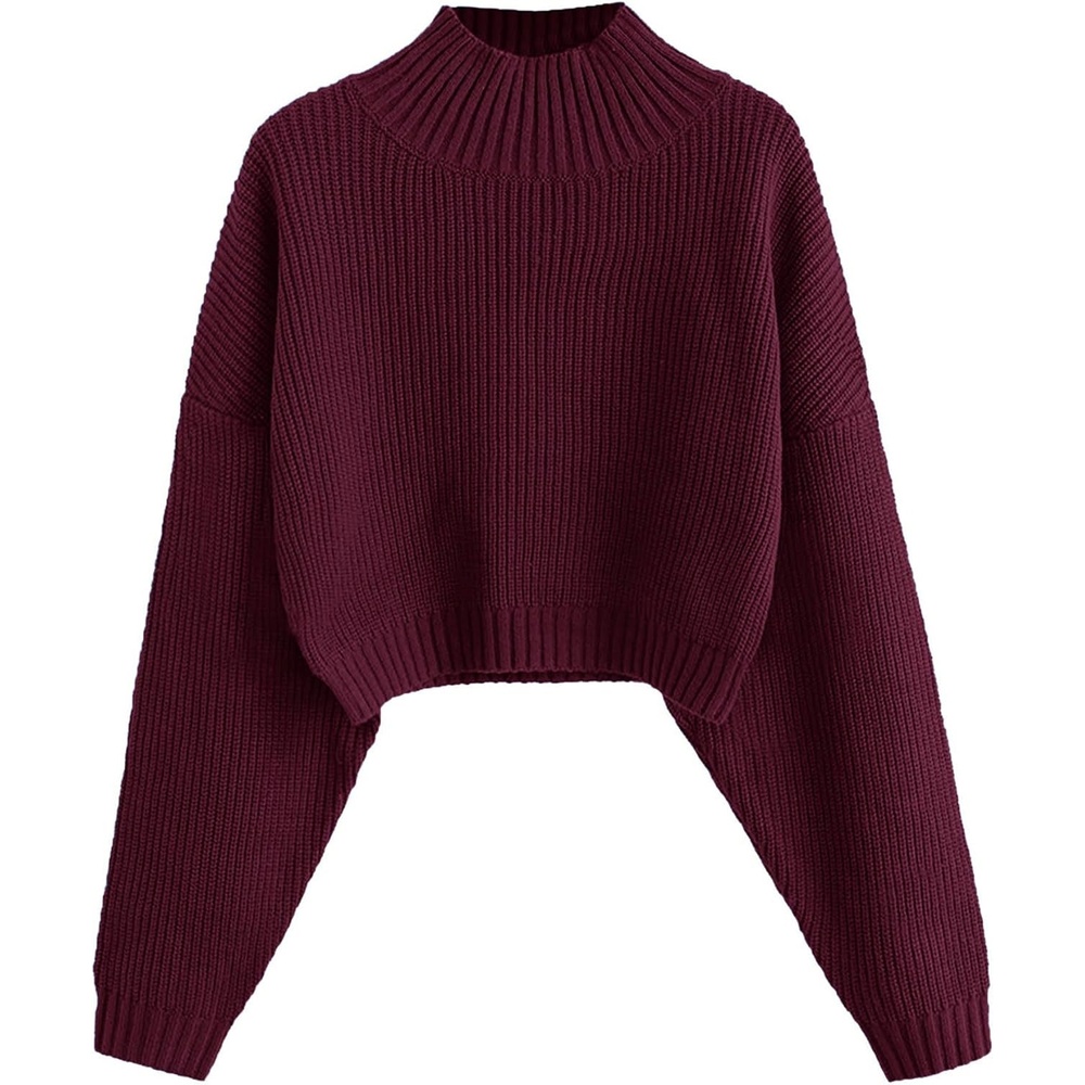 image:imageZAFUL Womens Cropped Turtleneck Sweater Lantern Sleeve Ribbed Knit Pullover Sweater Jumper1burgundy