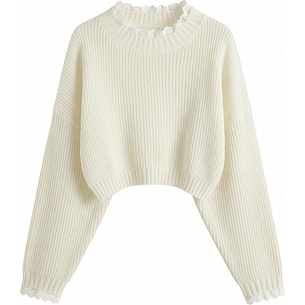 image:imageZAFUL Womens Cropped Turtleneck Sweater Lantern Sleeve Ribbed Knit Pullover Sweater Jumper1cream White Lace