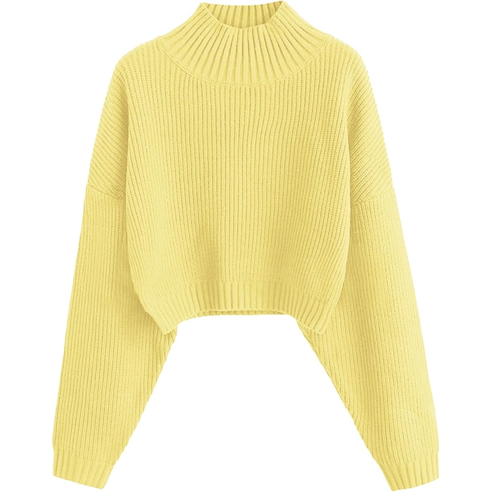 image:imageZAFUL Womens Cropped Turtleneck Sweater Lantern Sleeve Ribbed Knit Pullover Sweater Jumper1cream Yellow