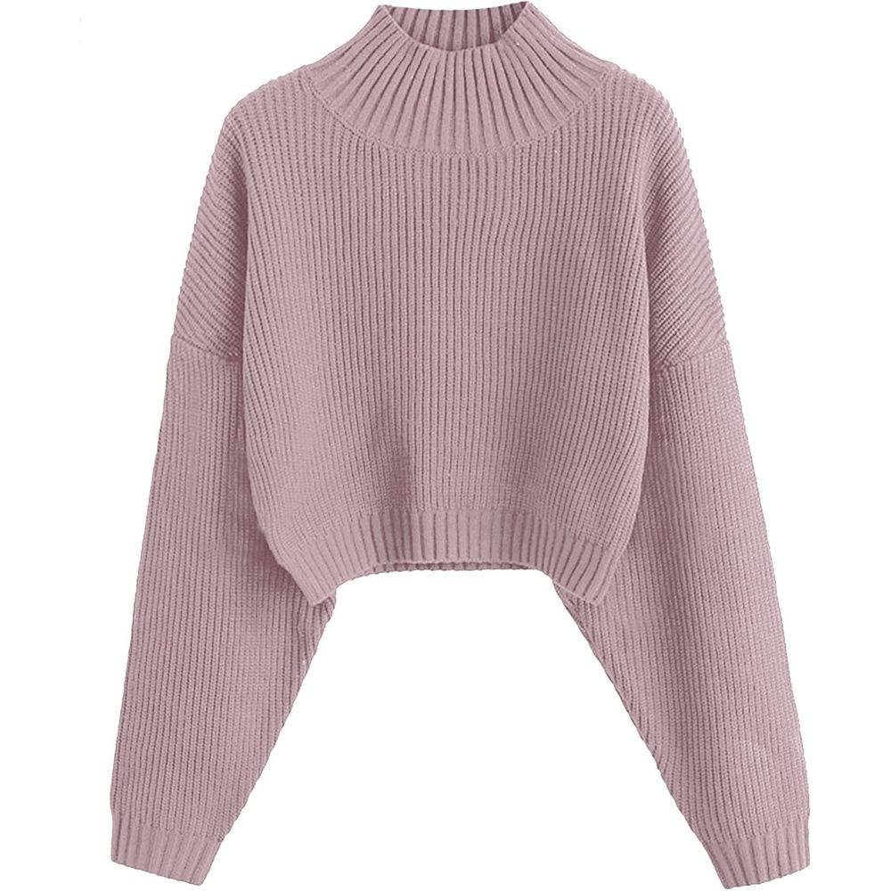 image:imageZAFUL Womens Cropped Turtleneck Sweater Lantern Sleeve Ribbed Knit Pullover Sweater Jumper1dusty Mauve