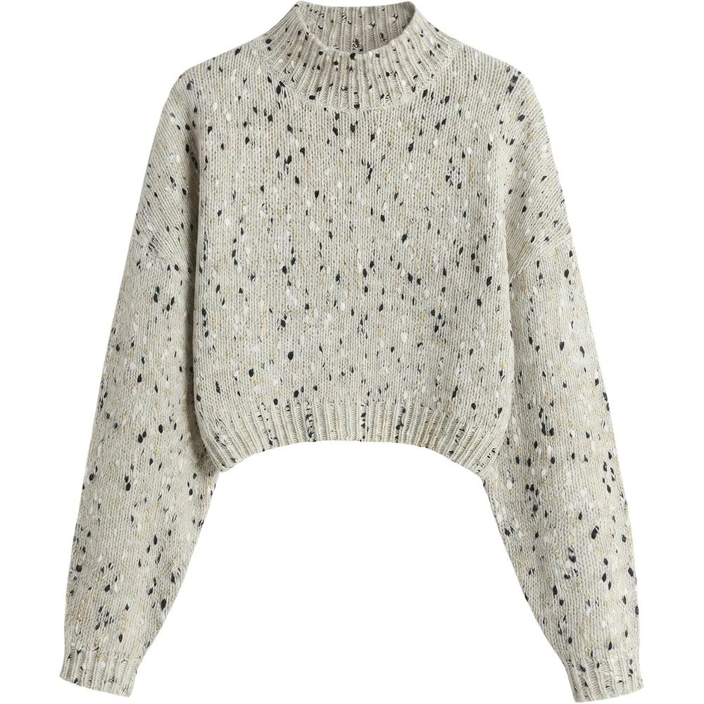 image:imageZAFUL Womens Cropped Turtleneck Sweater Lantern Sleeve Ribbed Knit Pullover Sweater Jumper1goldspeckled Heather