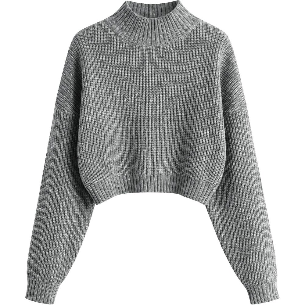 image:imageZAFUL Womens Cropped Turtleneck Sweater Lantern Sleeve Ribbed Knit Pullover Sweater Jumper1heather Grey