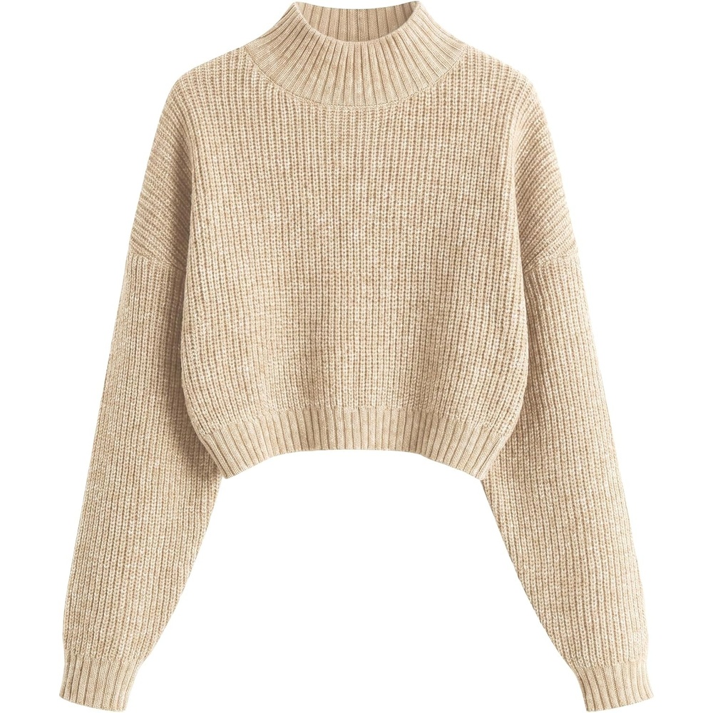 image:imageZAFUL Womens Cropped Turtleneck Sweater Lantern Sleeve Ribbed Knit Pullover Sweater Jumper1heather Oatmeal