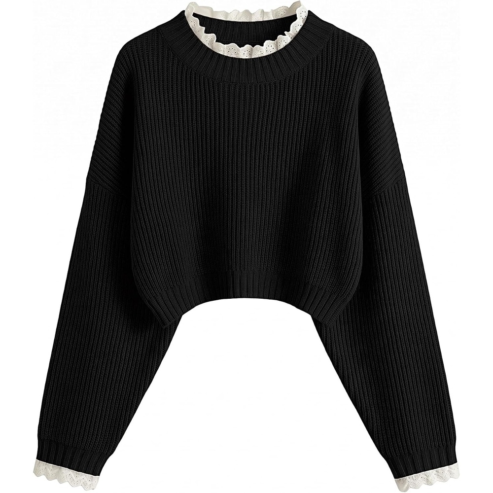 image:imageZAFUL Womens Cropped Turtleneck Sweater Lantern Sleeve Ribbed Knit Pullover Sweater Jumper1lace Black