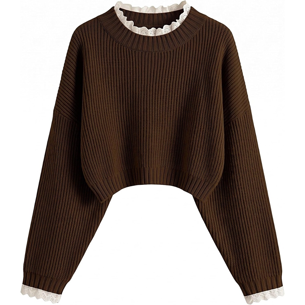 image:imageZAFUL Womens Cropped Turtleneck Sweater Lantern Sleeve Ribbed Knit Pullover Sweater Jumper1lace Deep Brown