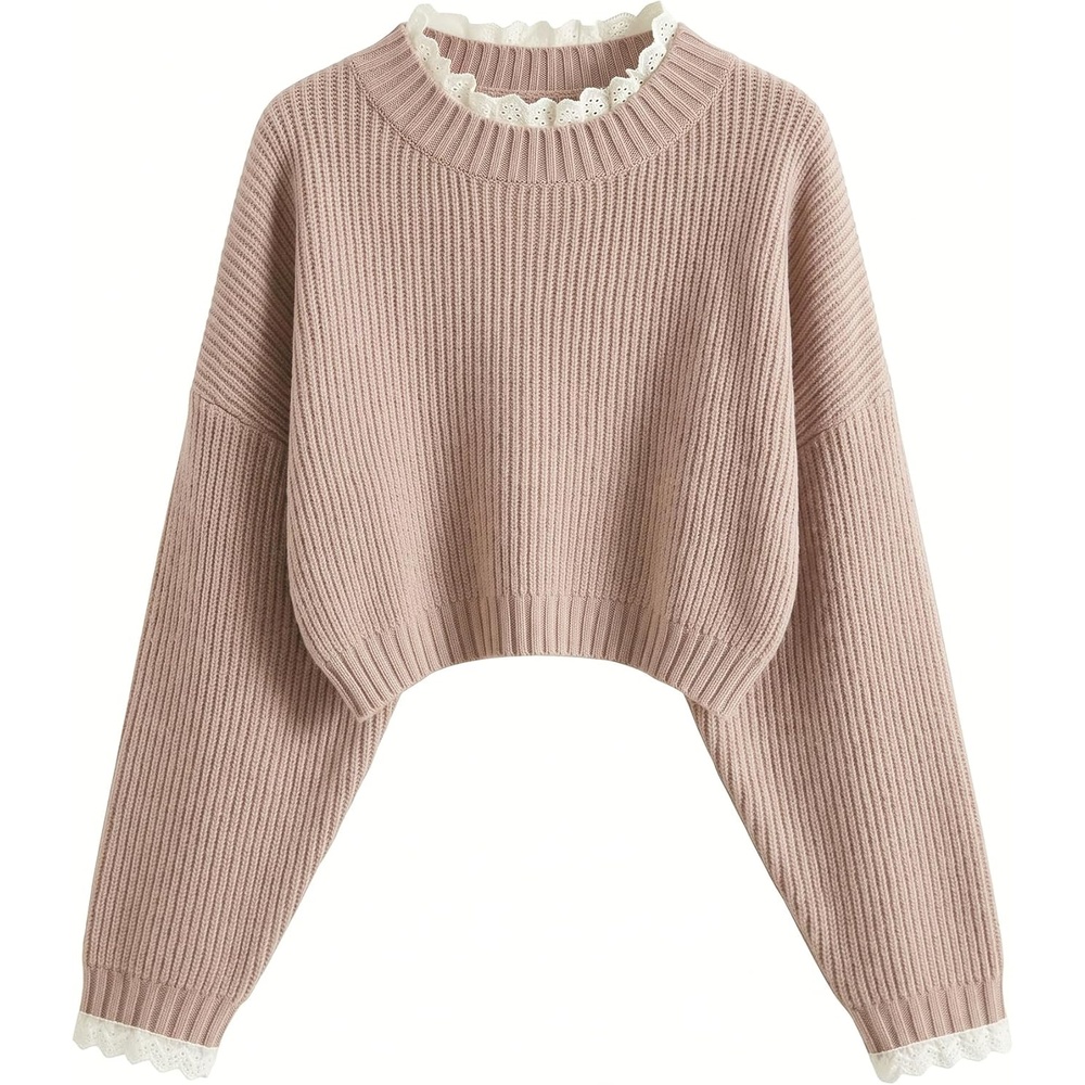 image:imageZAFUL Womens Cropped Turtleneck Sweater Lantern Sleeve Ribbed Knit Pullover Sweater Jumper1lace Dusty Pink