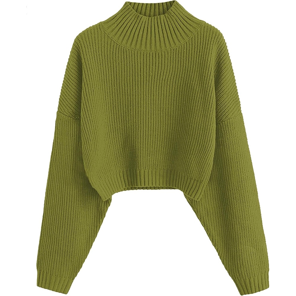image:imageZAFUL Womens Cropped Turtleneck Sweater Lantern Sleeve Ribbed Knit Pullover Sweater Jumper1mustard Green