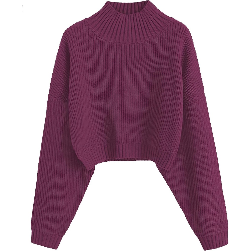 image:imageZAFUL Womens Cropped Turtleneck Sweater Lantern Sleeve Ribbed Knit Pullover Sweater Jumper1plum