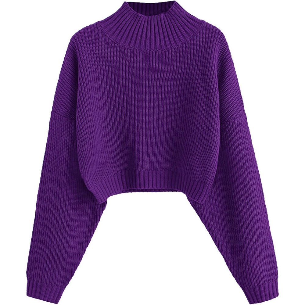 image:imageZAFUL Womens Cropped Turtleneck Sweater Lantern Sleeve Ribbed Knit Pullover Sweater Jumper1purple