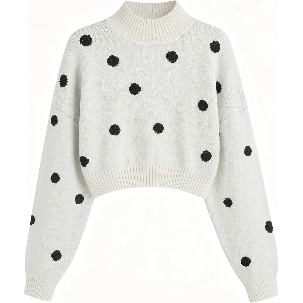 image:imageZAFUL Womens Cropped Turtleneck Sweater Lantern Sleeve Ribbed Knit Pullover Sweater Jumper1white Polka Dot