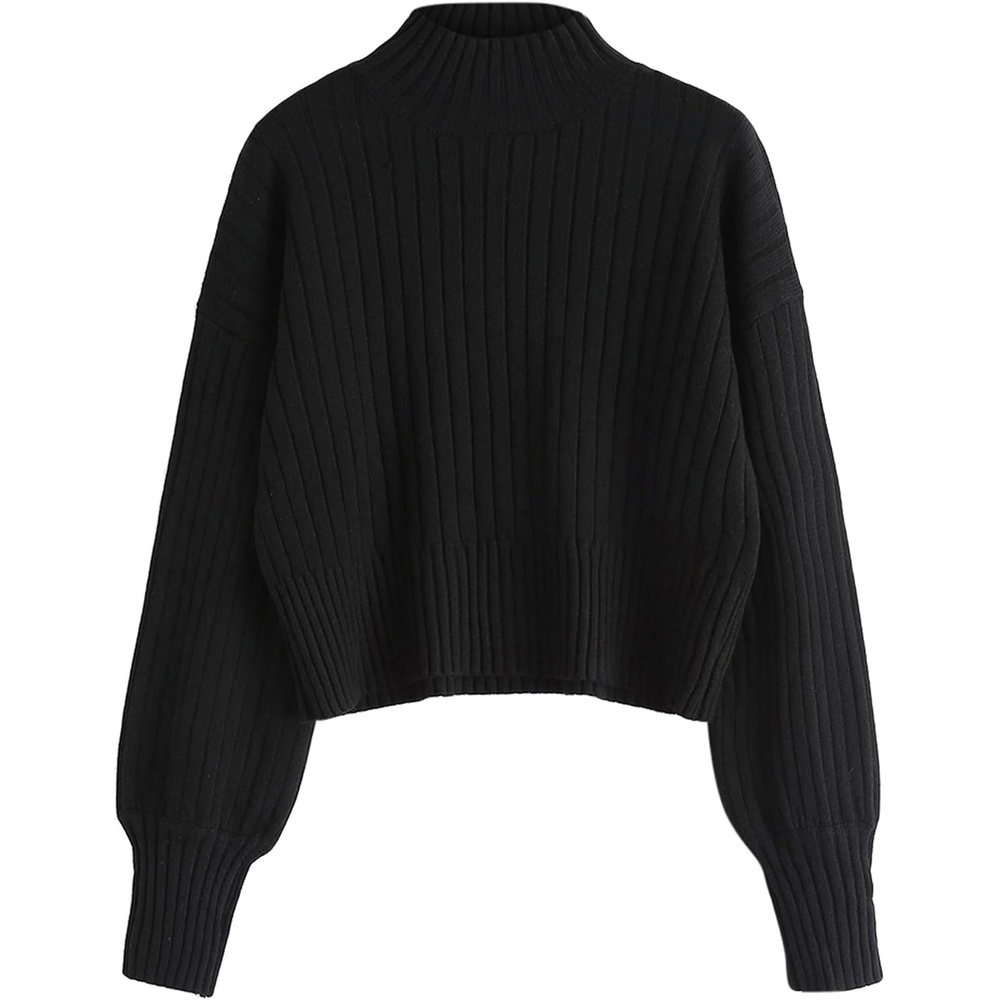 image:imageZAFUL Womens Mock Neck Sweater Long Sleeve Ribbed Knit Cropped Sweater4black