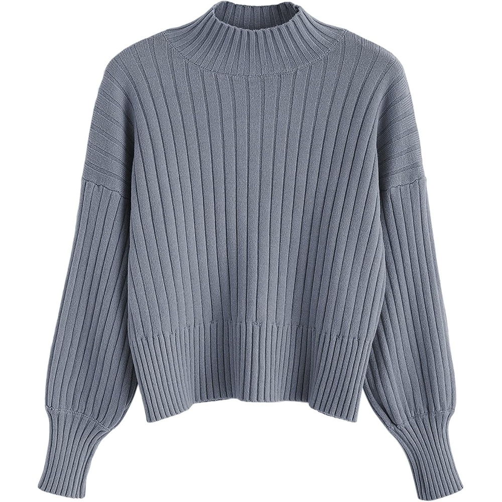 image:imageZAFUL Womens Mock Neck Sweater Long Sleeve Ribbed Knit Cropped Sweater4blue Gray