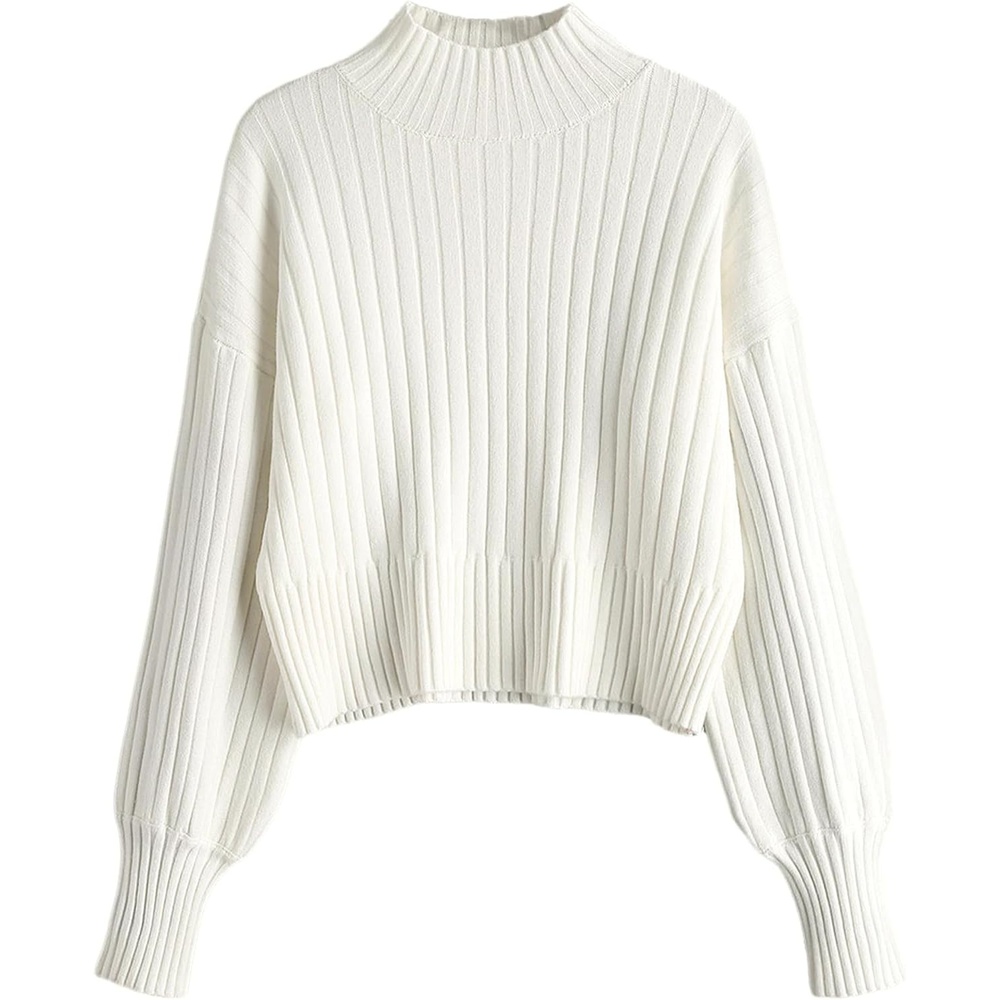 image:imageZAFUL Womens Mock Neck Sweater Long Sleeve Ribbed Knit Cropped Sweater4white