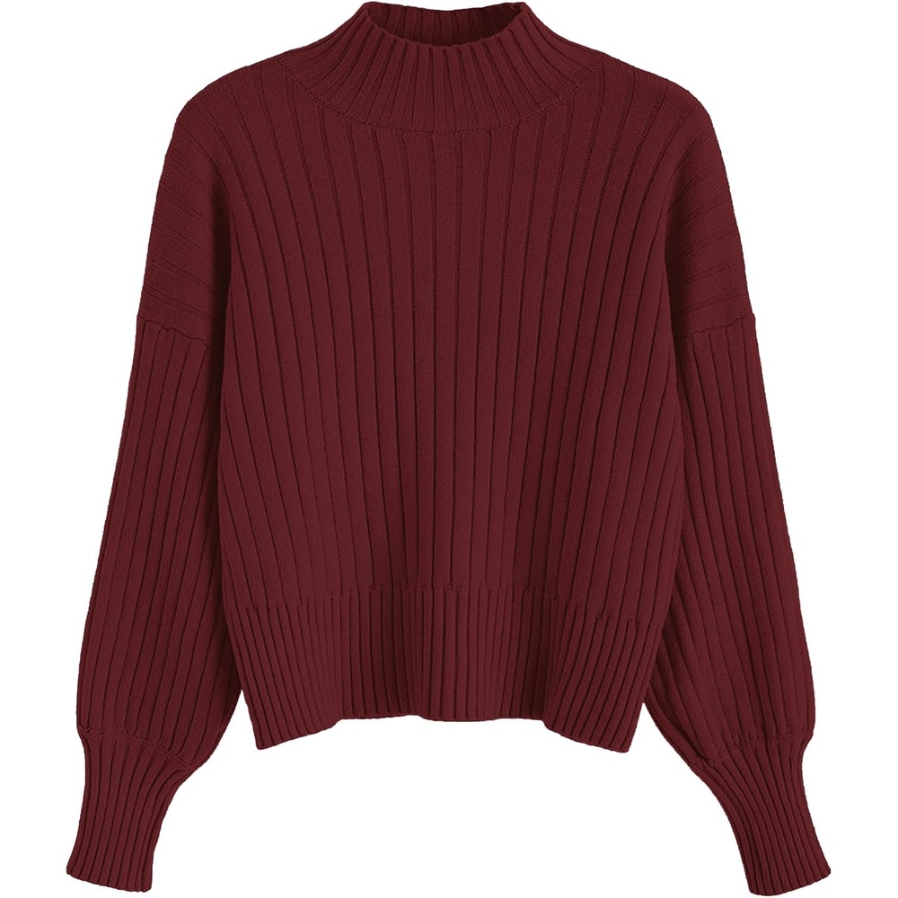 image:imageZAFUL Womens Mock Neck Sweater Long Sleeve Ribbed Knit Cropped Sweater4wine Red