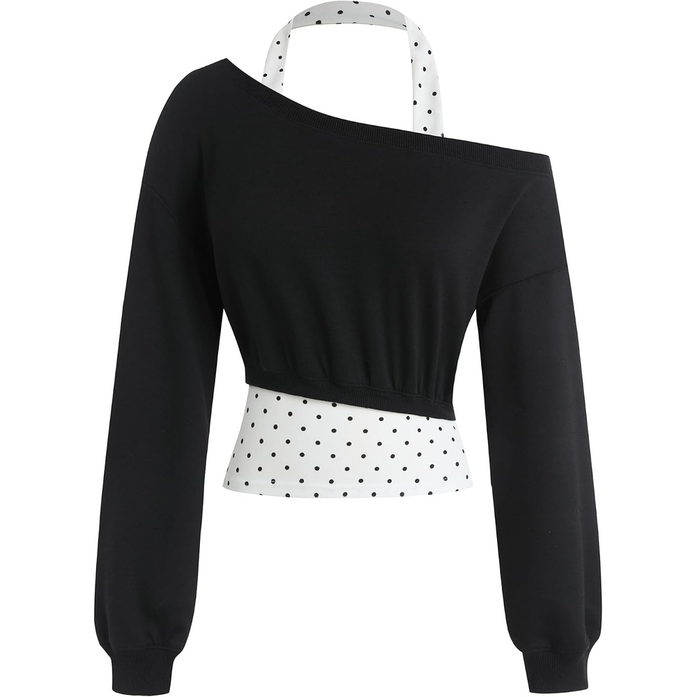 image:imageZAFUL Womens Off The Shoulder Sweatshirt Long Sleeve Crop Top PulloverBlack Polka Dot