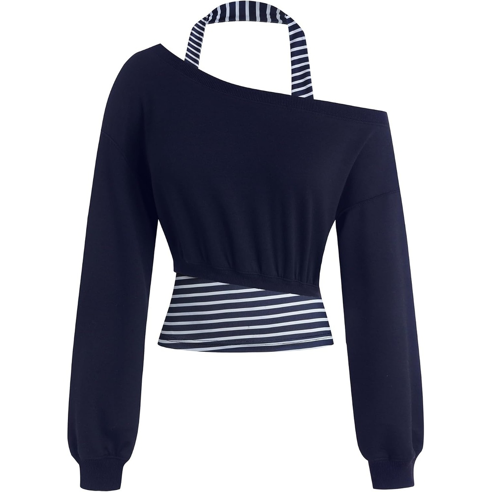 image:imageZAFUL Womens Off The Shoulder Sweatshirt Long Sleeve Crop Top PulloverBlue Striped