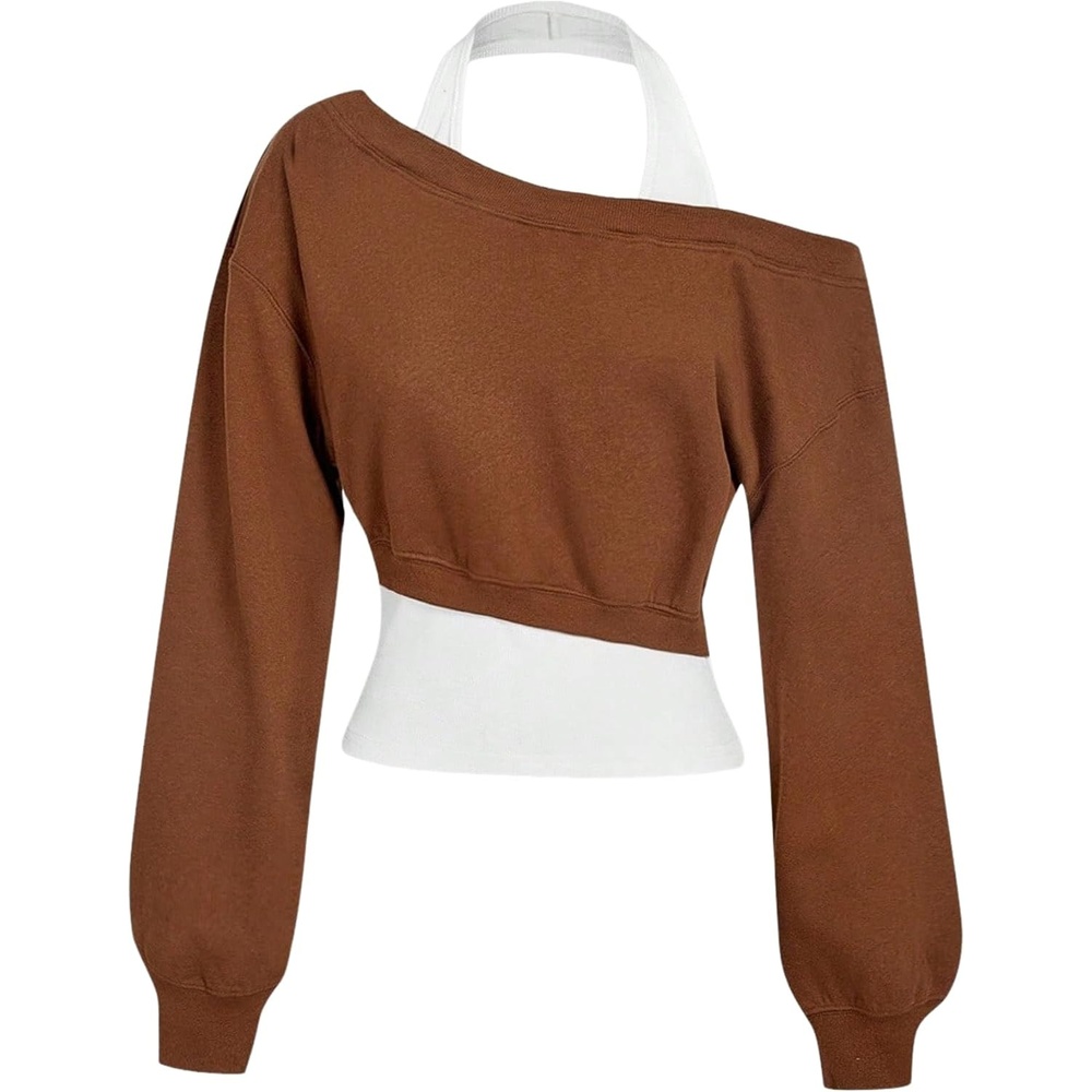 image:imageZAFUL Womens Off The Shoulder Sweatshirt Long Sleeve Crop Top PulloverBrown