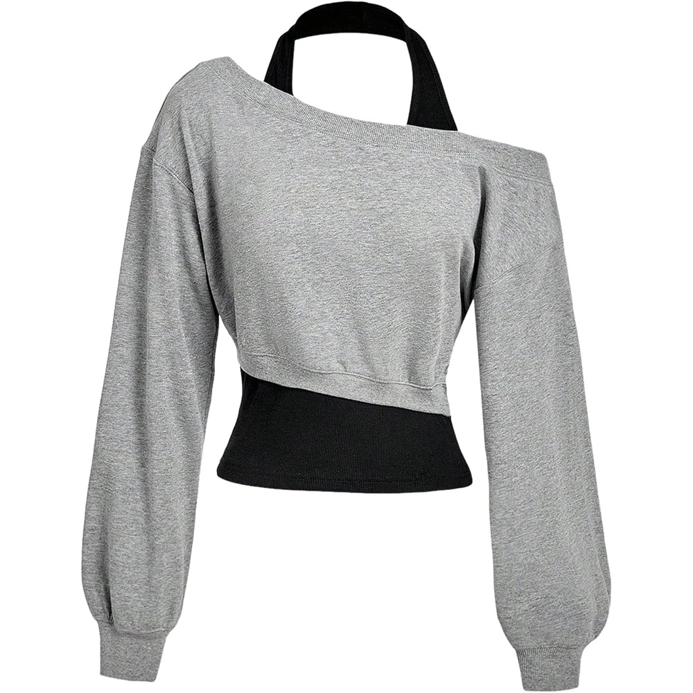 image:imageZAFUL Womens Off The Shoulder Sweatshirt Long Sleeve Crop Top PulloverGrey