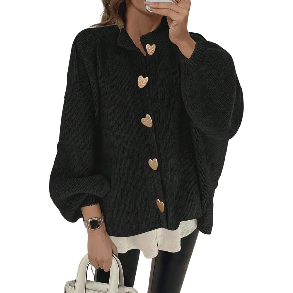 image:imageZAFUL Womens Oversized Cardigan Sweater Lantern Sleeve Button Up Clothes1blcak