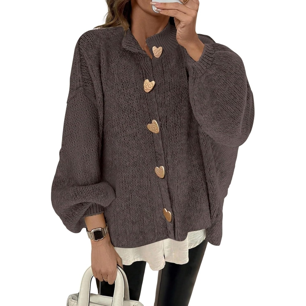 image:imageZAFUL Womens Oversized Cardigan Sweater Lantern Sleeve Button Up Clothes1brown