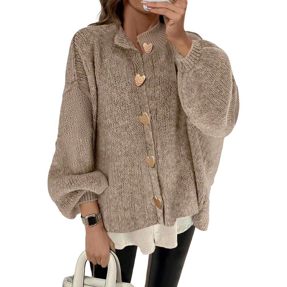 image:imageZAFUL Womens Oversized Cardigan Sweater Lantern Sleeve Button Up Clothes1khaki