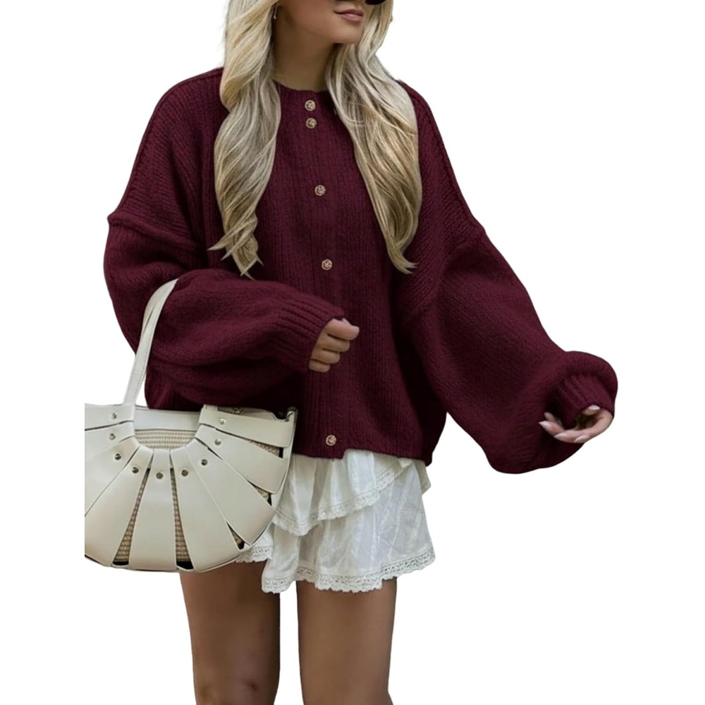 image:imageZAFUL Womens Oversized Cardigan Sweater Lantern Sleeve Button Up Clothes2burgundy