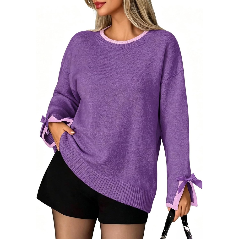 image:imageZAFUL Womens Oversized Knit Sweater Contrast Trim Bow Slit Cuff Pullover10purple