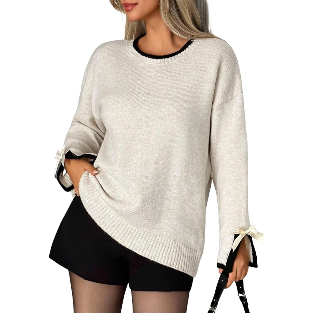 image:imageZAFUL Womens Oversized Knit Sweater Contrast Trim Bow Slit Cuff Pullover1white