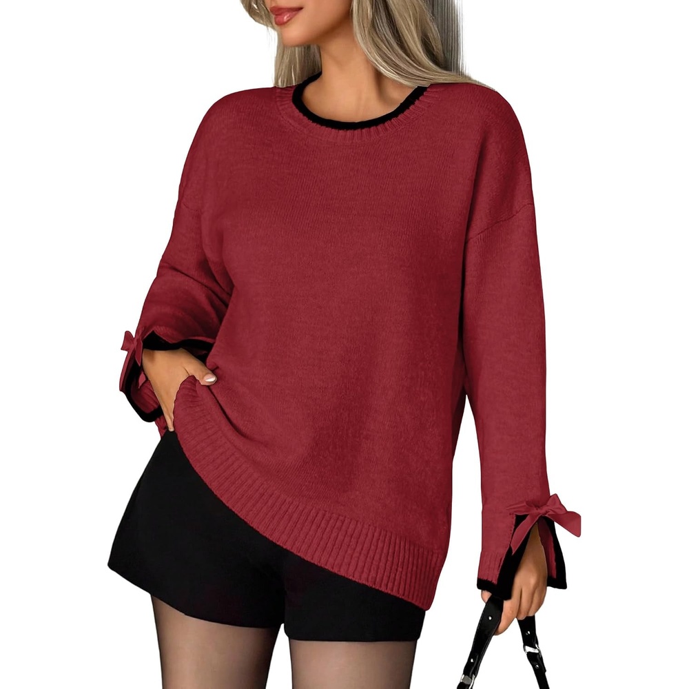 image:imageZAFUL Womens Oversized Knit Sweater Contrast Trim Bow Slit Cuff Pullover3wine Red