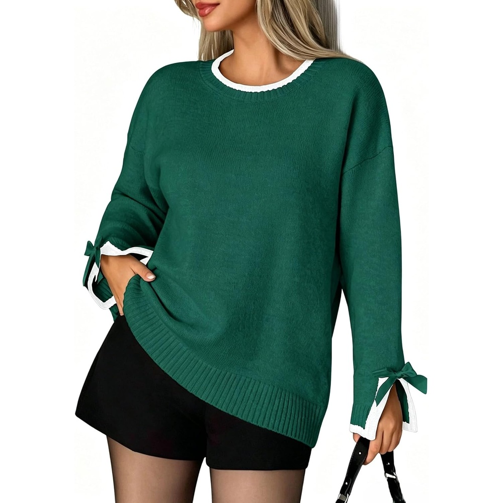 image:imageZAFUL Womens Oversized Knit Sweater Contrast Trim Bow Slit Cuff Pullover4green