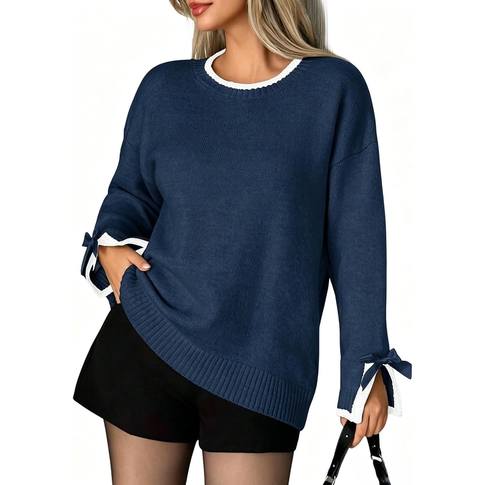 image:imageZAFUL Womens Oversized Knit Sweater Contrast Trim Bow Slit Cuff Pullover6navy Blue