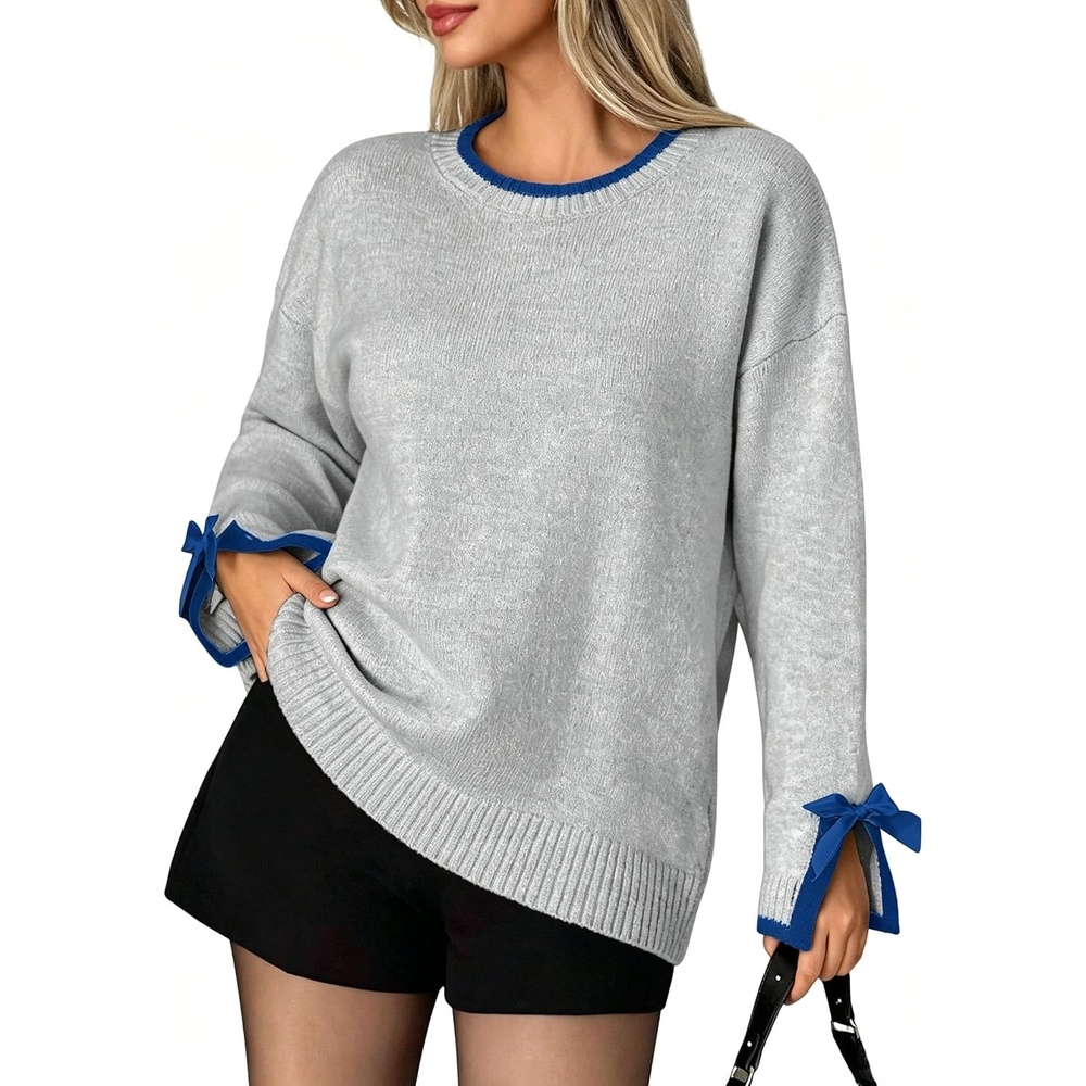 image:imageZAFUL Womens Oversized Knit Sweater Contrast Trim Bow Slit Cuff Pullover7grey
