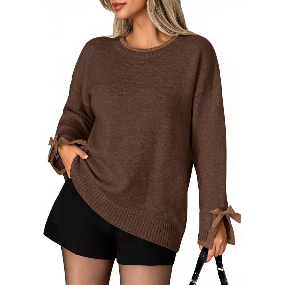 image:imageZAFUL Womens Oversized Knit Sweater Contrast Trim Bow Slit Cuff Pullover8brown
