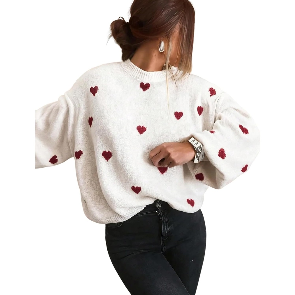 image:imageZAFUL Womens Oversized Sweaters Cute Heart Print Lantern Sleeve Sweater2red White
