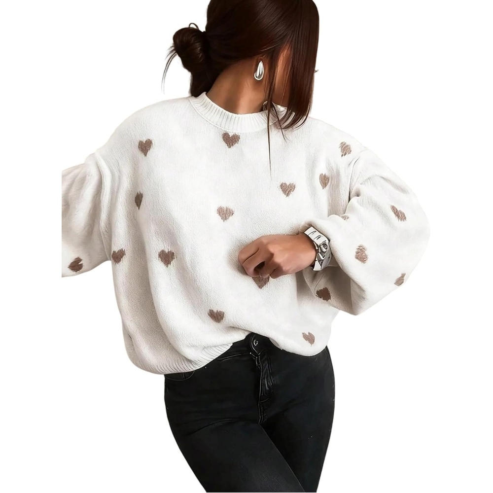 image:imageZAFUL Womens Oversized Sweaters Cute Heart Print Lantern Sleeve Sweater3white