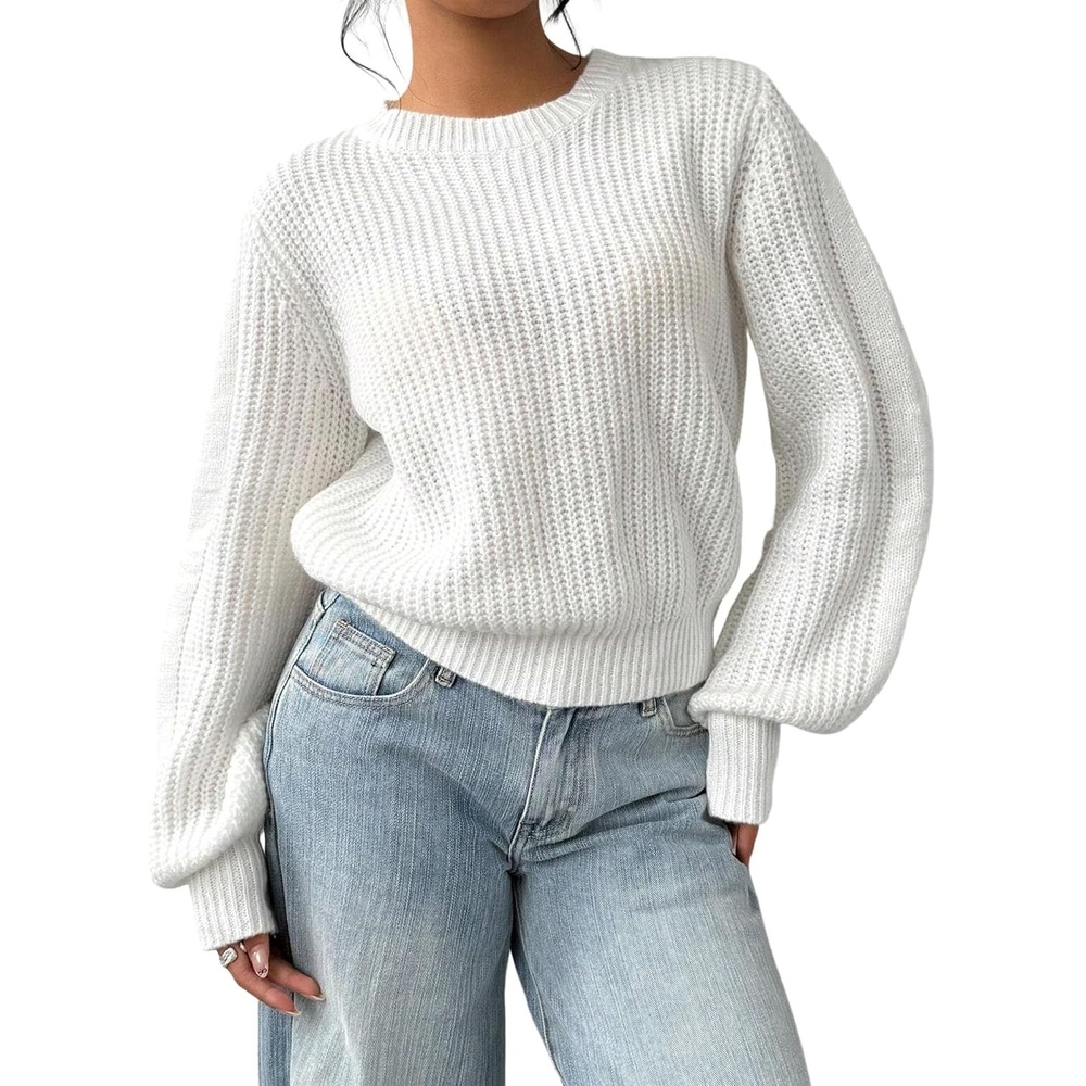 image:imageZAFUL Womens Oversized Sweaters Cute Heart Print Lantern Sleeve Sweater6white