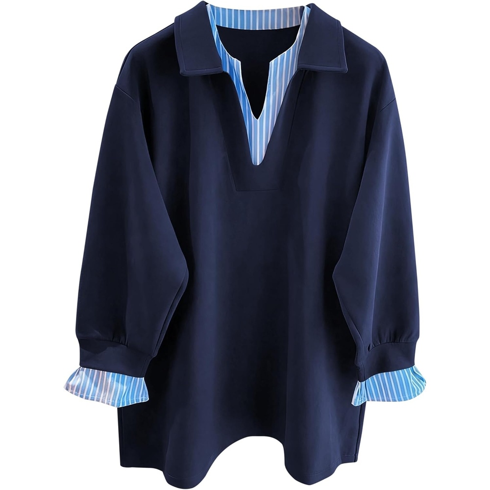 image:imageZAFUL Womens Oversized Sweatshirt V Neck Striped Patchwork Casual Pullover1navy Blue