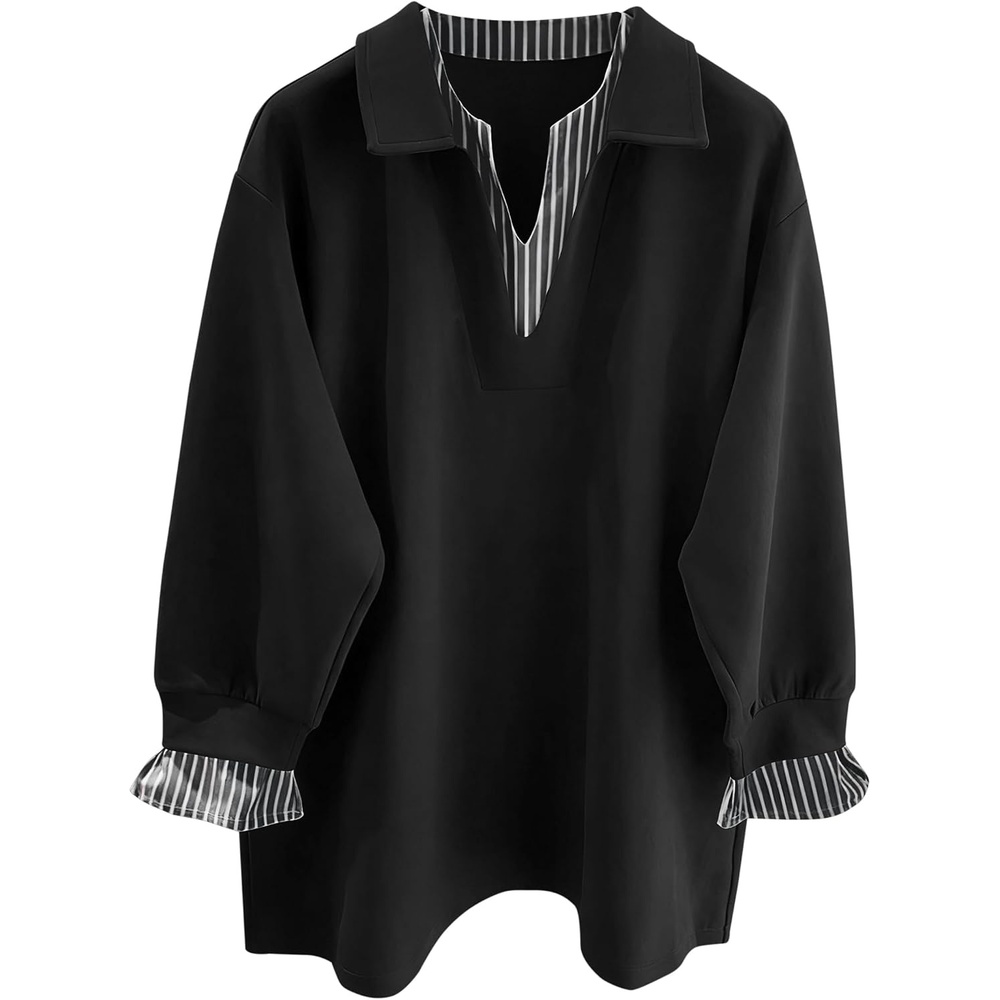 image:imageZAFUL Womens Oversized Sweatshirt V Neck Striped Patchwork Casual Pullover5black