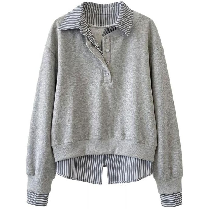 image:imageZAFUL Womens Oversized Sweatshirt V Neck Striped Patchwork Casual Pullover7grey