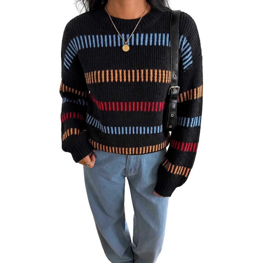 image:imageZAFUL Womens Striped Knit Sweater Oversized Pullover Tops Fall Outfits1black
