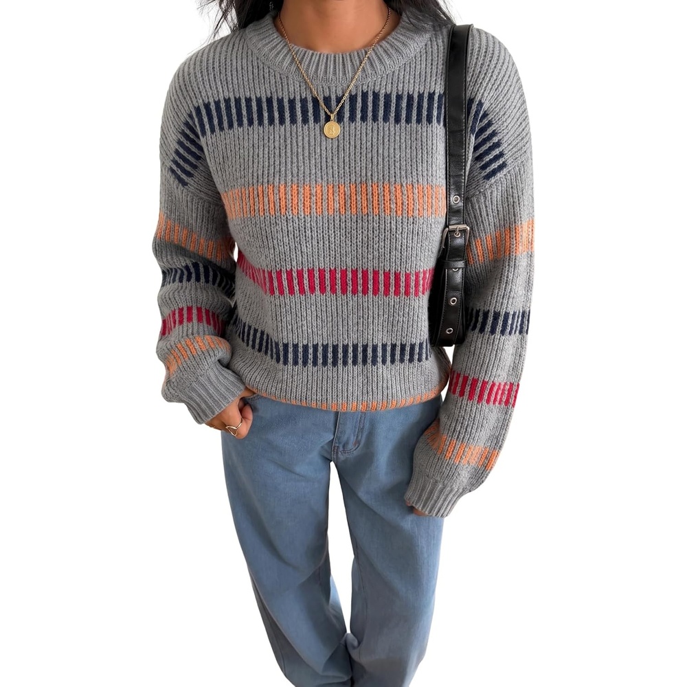 image:imageZAFUL Womens Striped Knit Sweater Oversized Pullover Tops Fall Outfits1grey