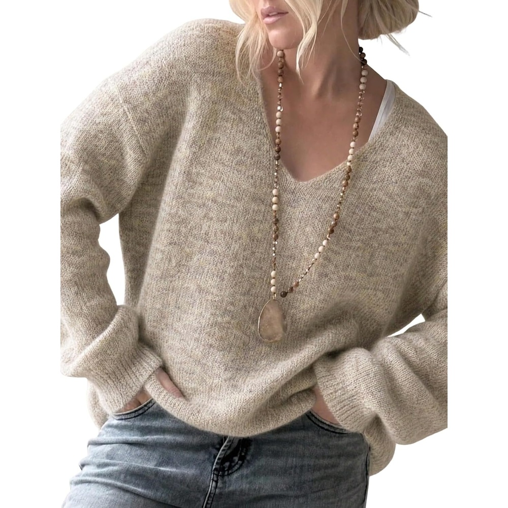 image:imageZAFUL Womens V Neck Casual Loose Lightweight Pullover Knit Sweaters2oatmeal Color
