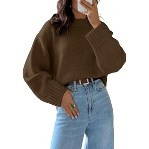 ZAFUL Crew Neck Cozy Long Sleeves Casual Knit Pullover Sweater for Women(2-brown)